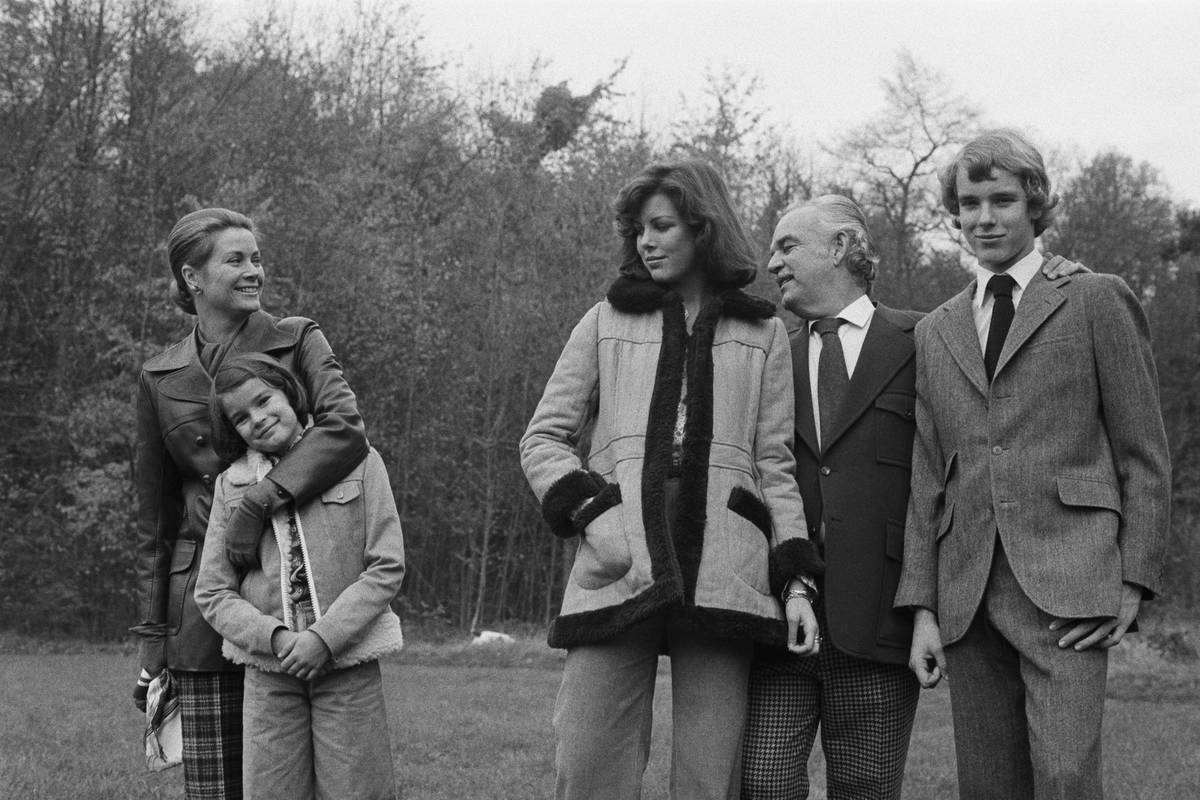 The Grimaldi royal family takes a walk in the countryside. (L-R): Princess Grace, Princess Stephanie, Princess Caroline, Prince Rainier III and Prince Albert.