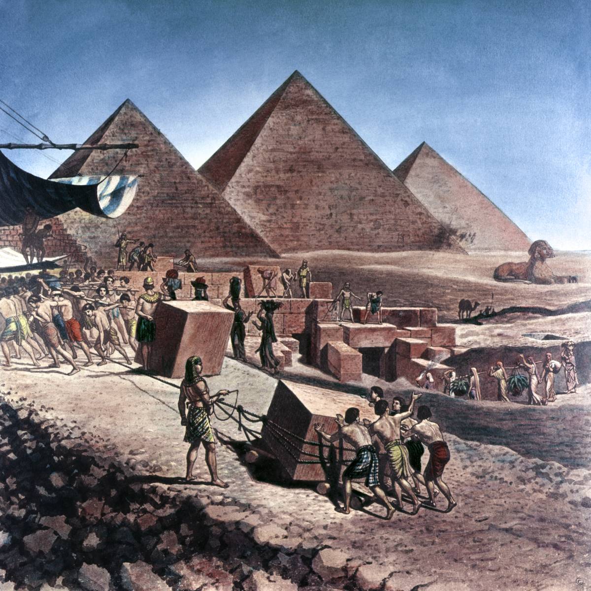 ILLUSTRATION SEVEN WONDERS OF THE ANCIENT WORLD 2150 BC PYRAMIDS OF EGYPT SLAVES WORKERS MOVING LARGE STONES UP RAMP 