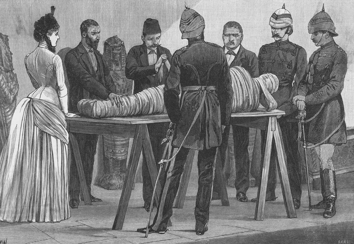 Drawing of Scientist with Mummy on Table