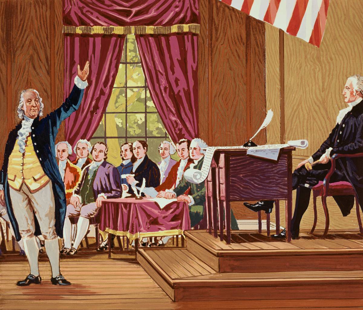 Benjamin Franklin Gesturing and Speaking in Constitutional Convention