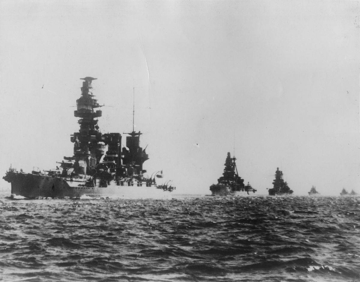 circa 1941:  A Japanese battleship squadron led by Battleship Fuso (or Huso) during manoeuvres off Malaya.