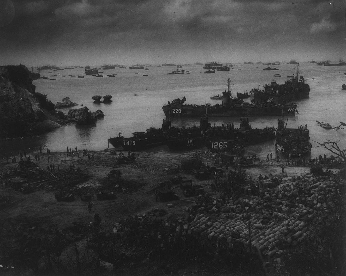 Hundreds American naval vessels of all sizes fill the horizon after a beachhead has been established on Okinawa.