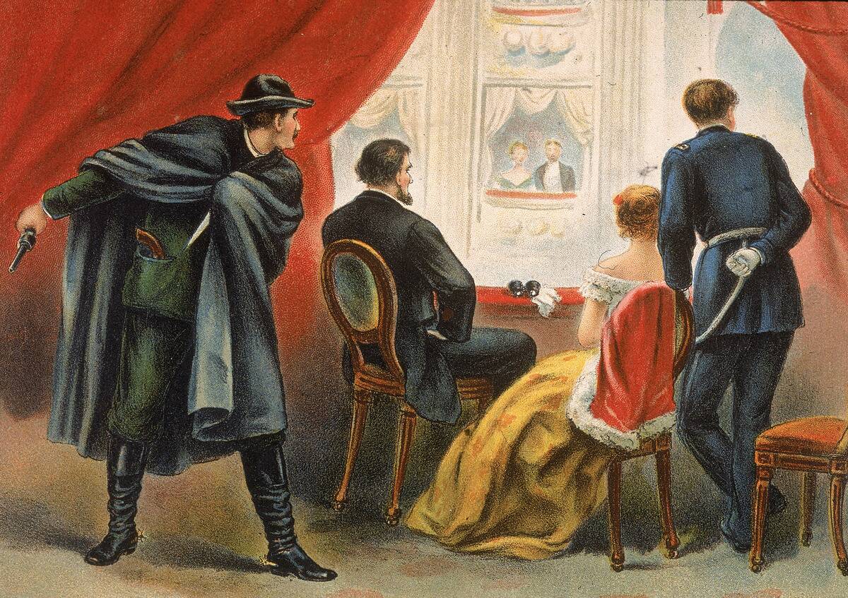 illustration depicting John Wilkes Booth preparing to assassinate president Abraham Lincoln in the balcony of Ford's Theatre, Washington DC, April 14, 1865.