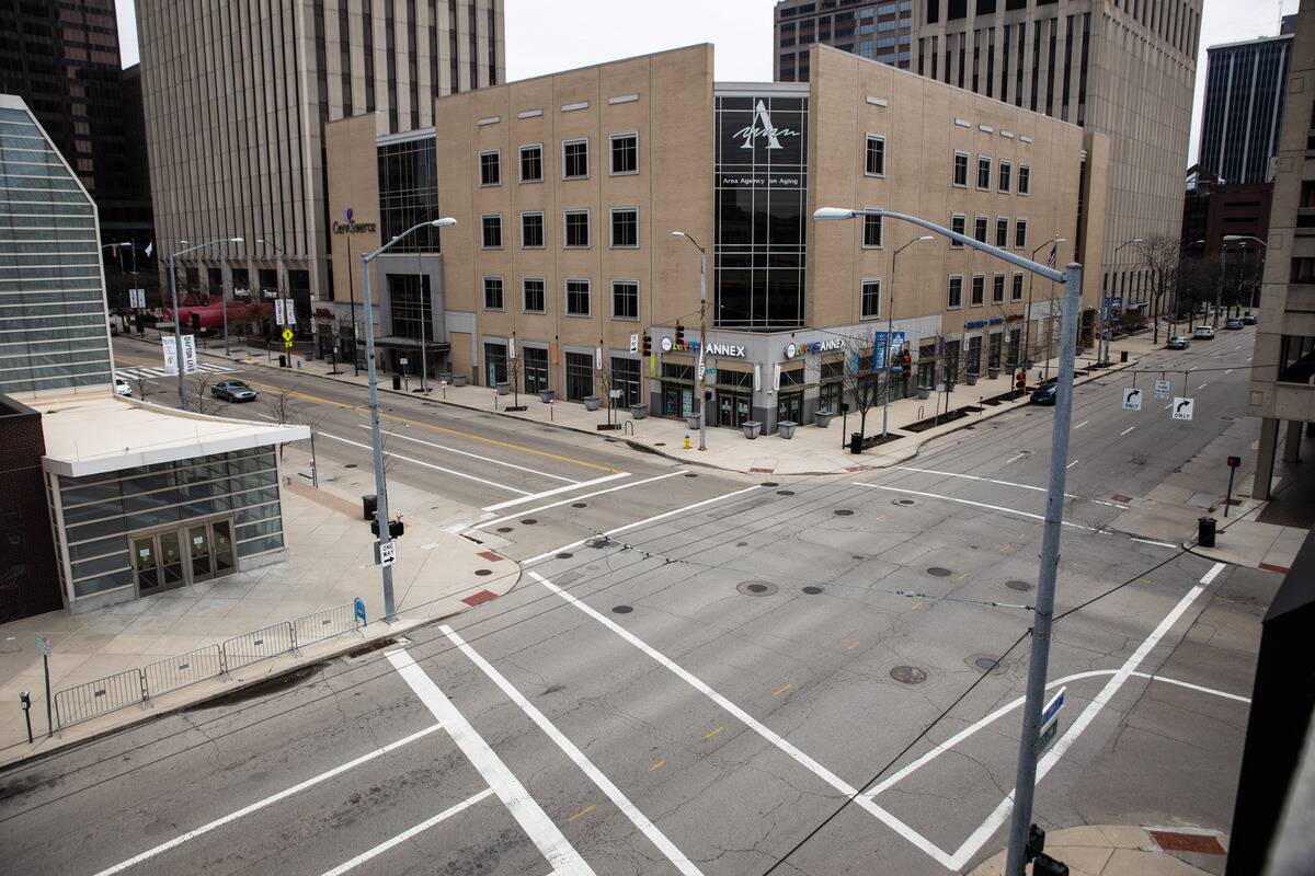 Desolate streets are seen in Dayton, Ohio on March 24, 2020