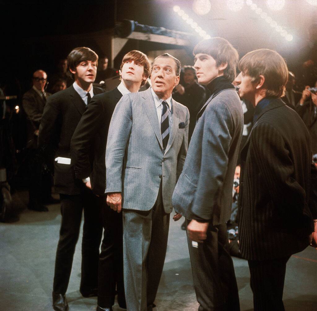 The Beatles with Ed Sullivan during the taping of their New York Debut show