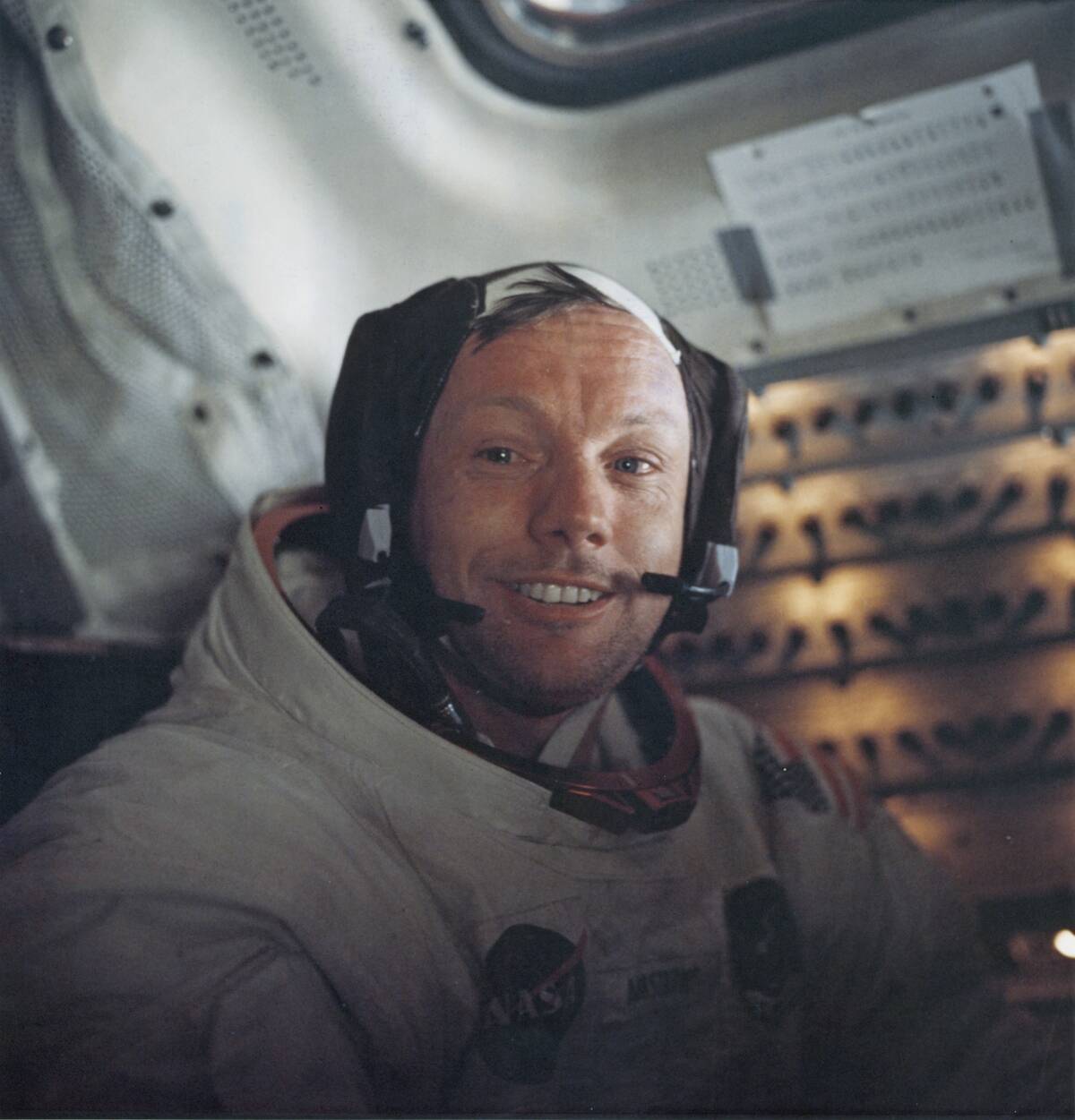 [redacted] Commander of NASA's Apollo 11 lunar landing mission, inside the Lunar Module the 'Eagle' on the surface of the Moon during the mission, 20th July 1969.