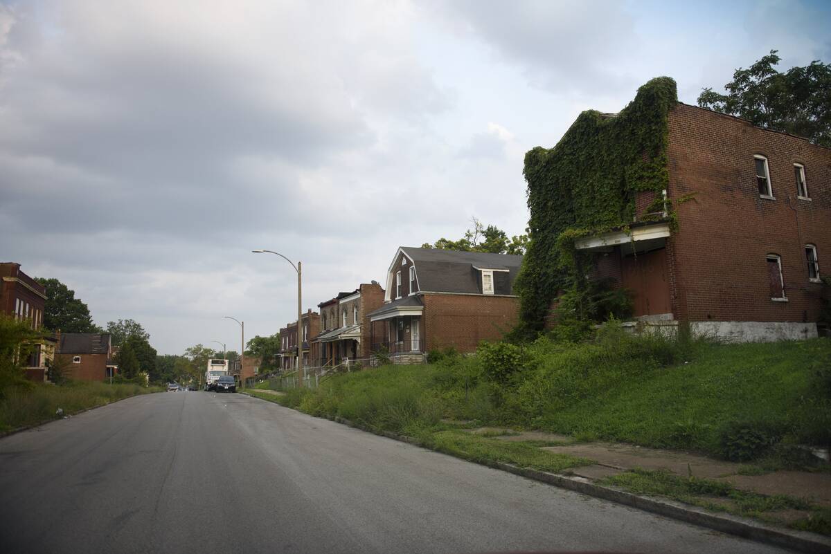 Abandoned homes line a street in the Wells-Goodfellow neighborhood in north St. Louis on July 21, 2021.