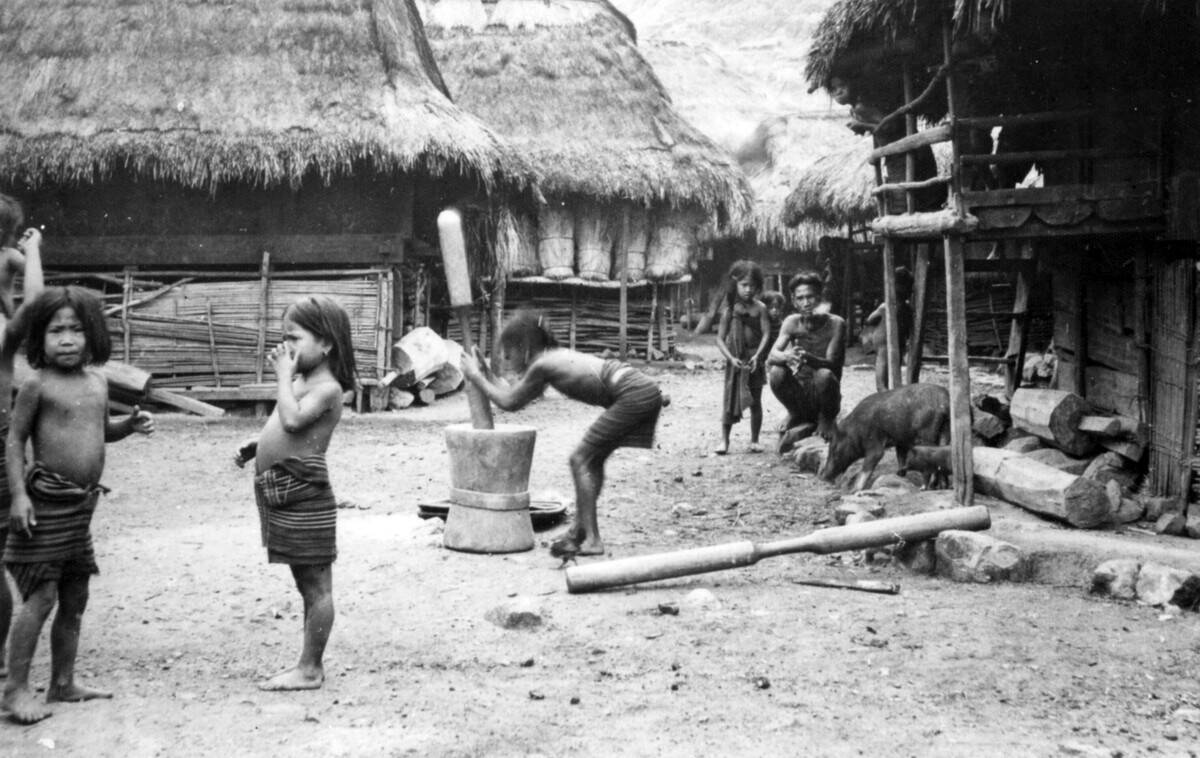 Philippines: Husking rice in an Ifugao village, Cordillera Administrative Region, Central Luzon, c. 1950