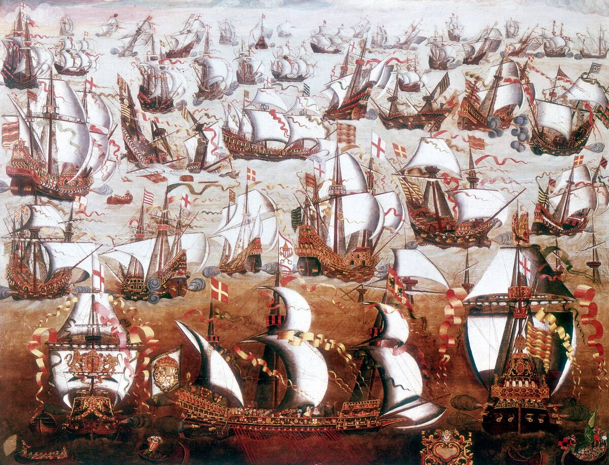 The Spanish Armada which threatened England in July 1588.