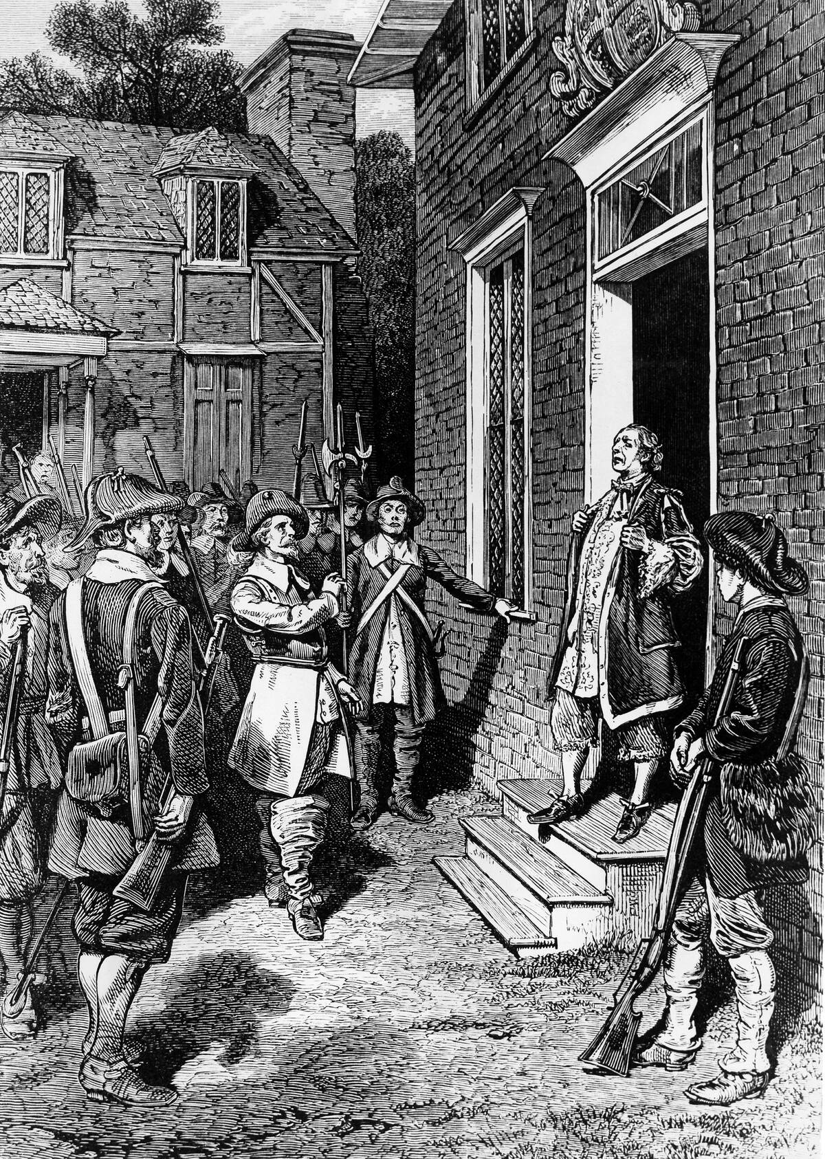 USA/England history: Colony VirginiaBacon's rebelliom : Bacon's interviwe with governeor Berkely in Jamestown.summer 1676wood engraving, 19th cent.