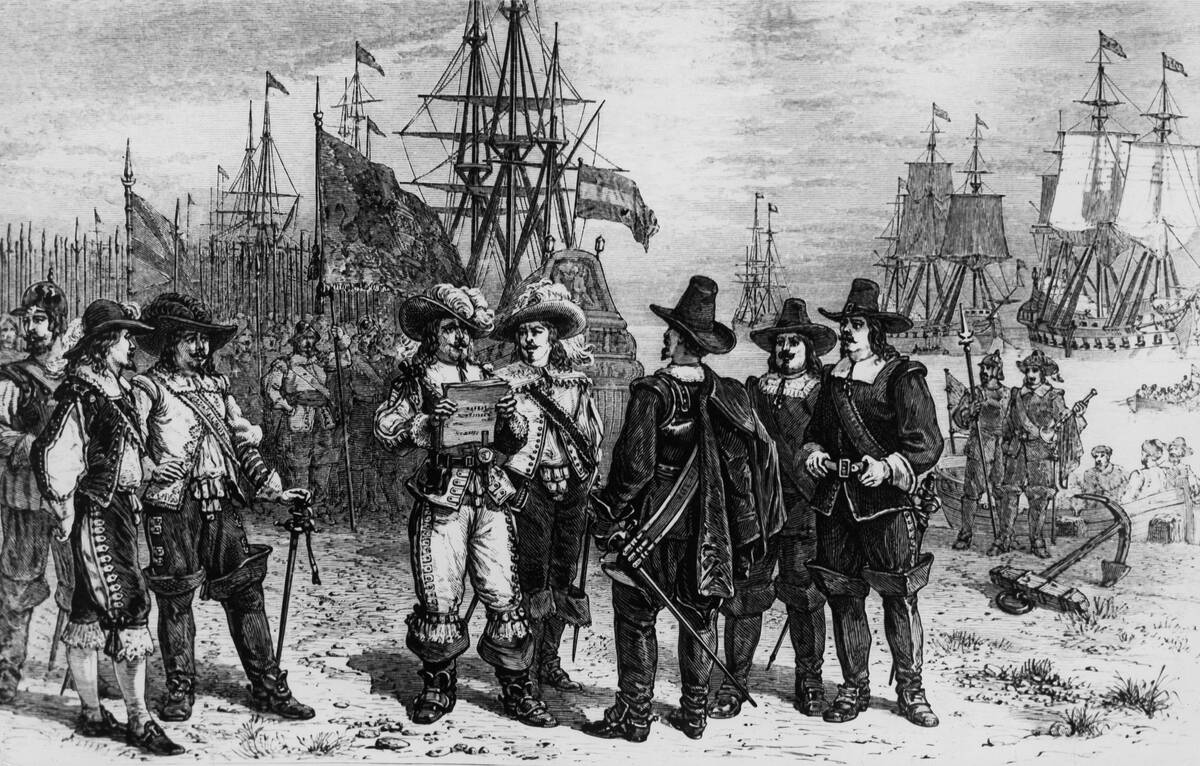 USA/England history: Colony VirginiaThe surrender of Jamestown by gov. William Berkeley. , March 1652 wood engracving, 19th cent.