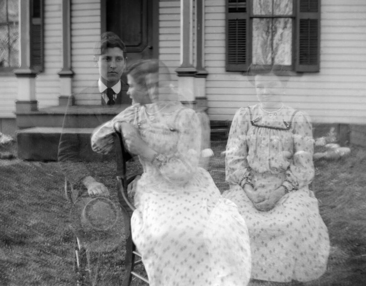 A young man and woman in a multiple exposure image, ca. 1910.