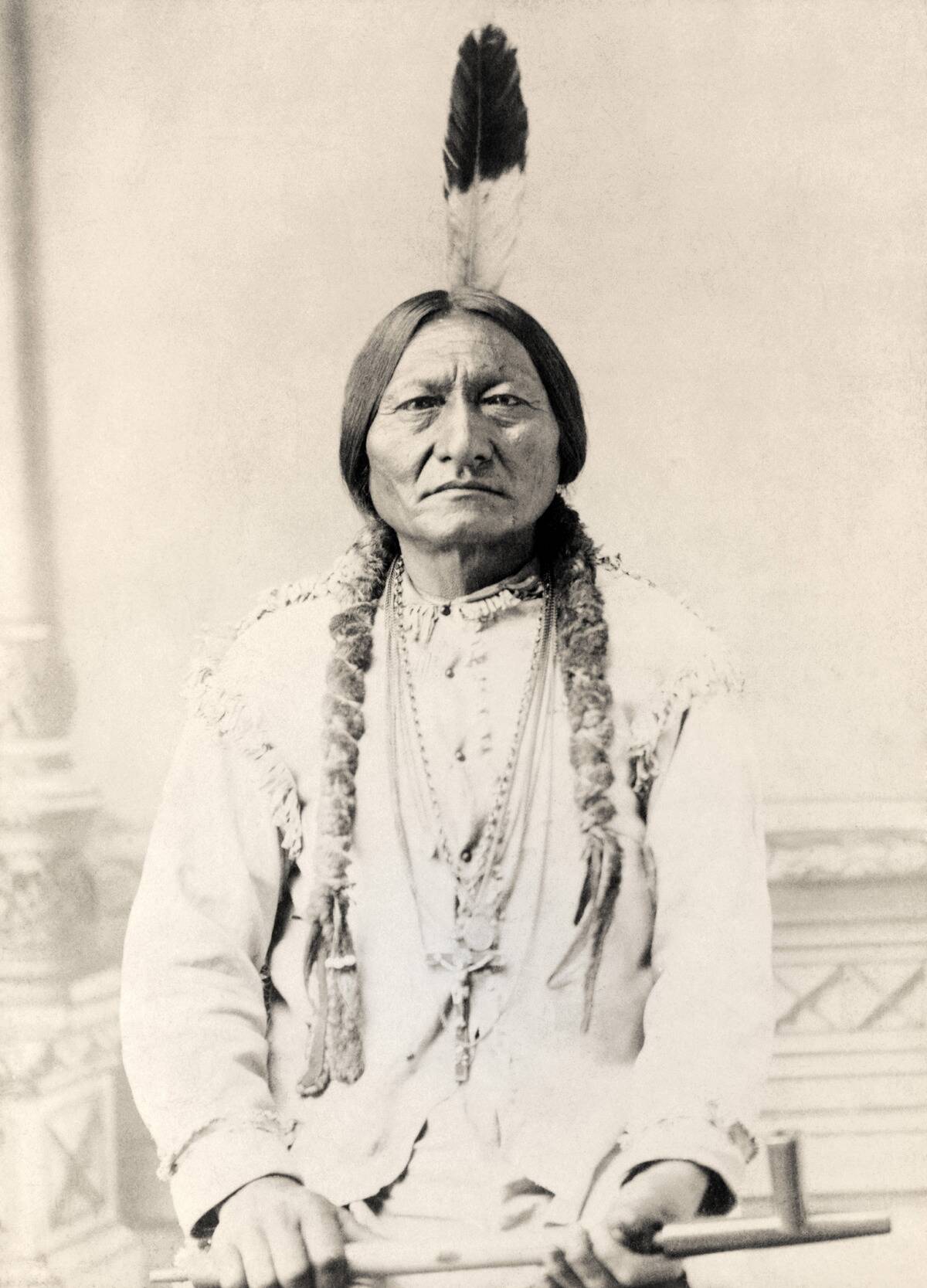 [redacted] born circa 1831 died 1890. Hunkpapa Lakota Sioux holy man. Portrait on a 19th century cabinet card.