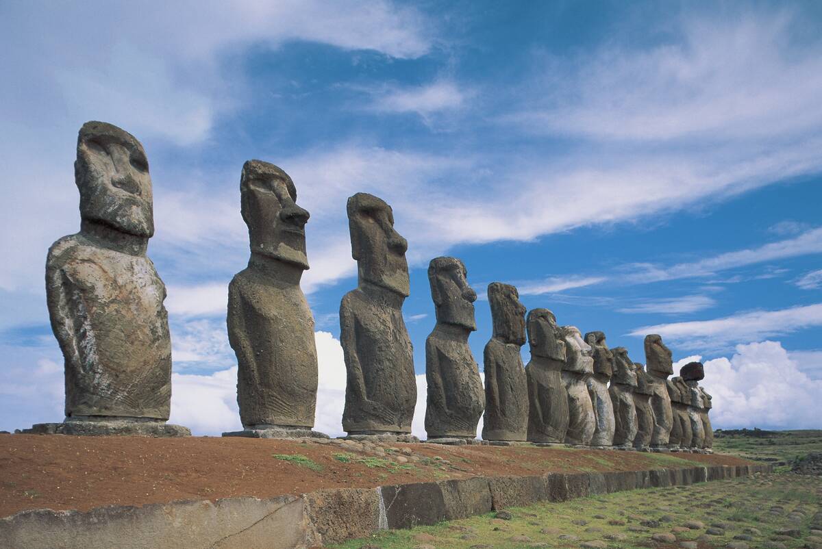 Moai statues in a row, Ahu Tongariki, Easter Island, Chile