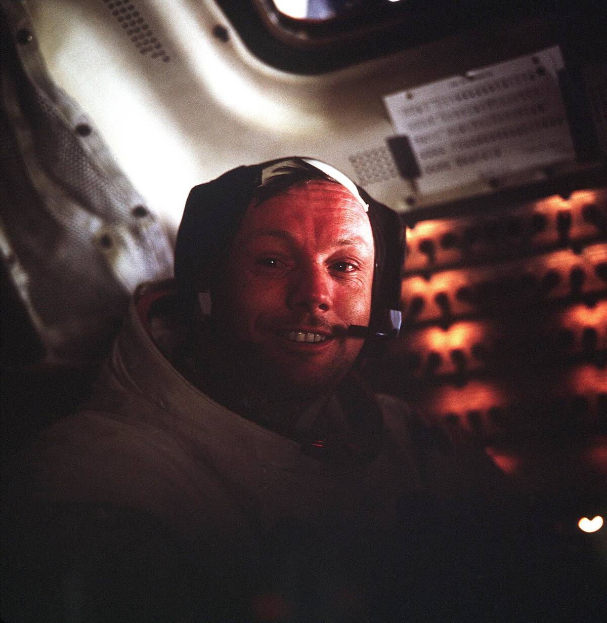 Astronaut Neil A. Armstrong, Apollo 11 Commander, inside the Lunar Module as it rests on the lunar surface after completion of his historic moonwalk.