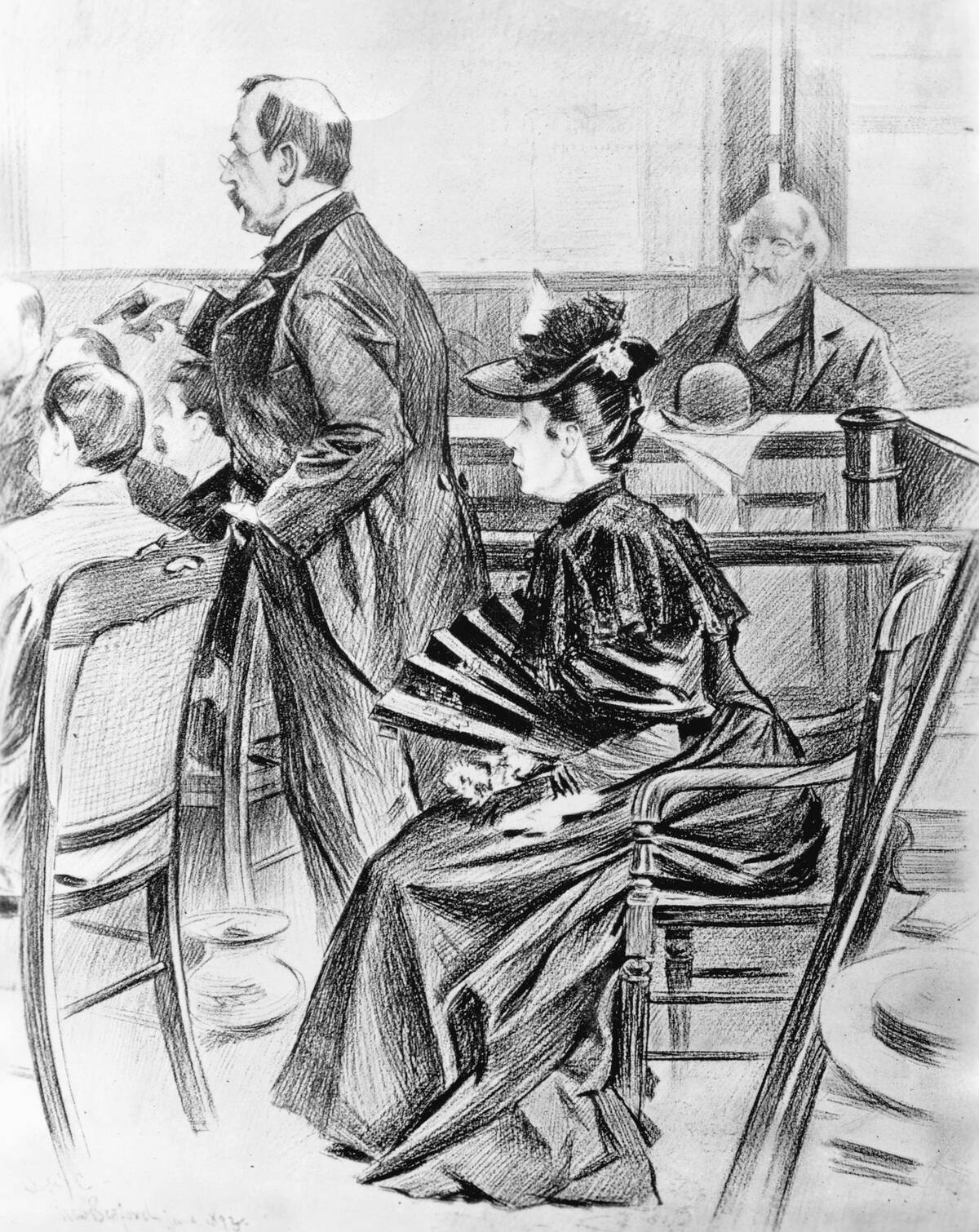 Drawing of Lizzie Borden and Her Lawyer in Court