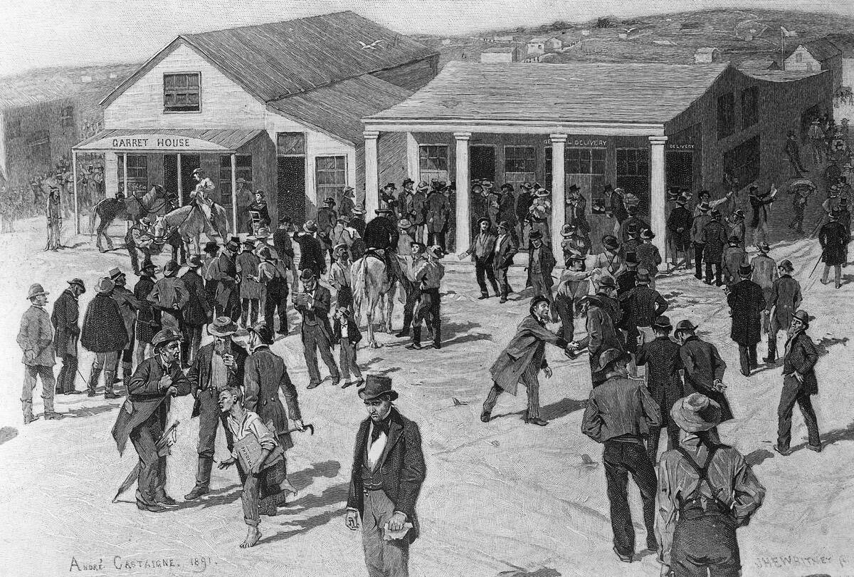 Gold rush California 1848-1854: San Francisco in its bonanza period . Gold diggers queue in front of the post office. 1849woodcut of A. Gastaigne, 1891