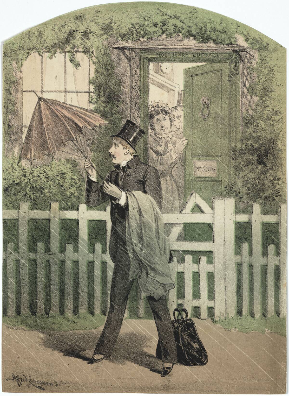 A man in a top hat and suit opening an umbrella outside a cottage, 19th century.