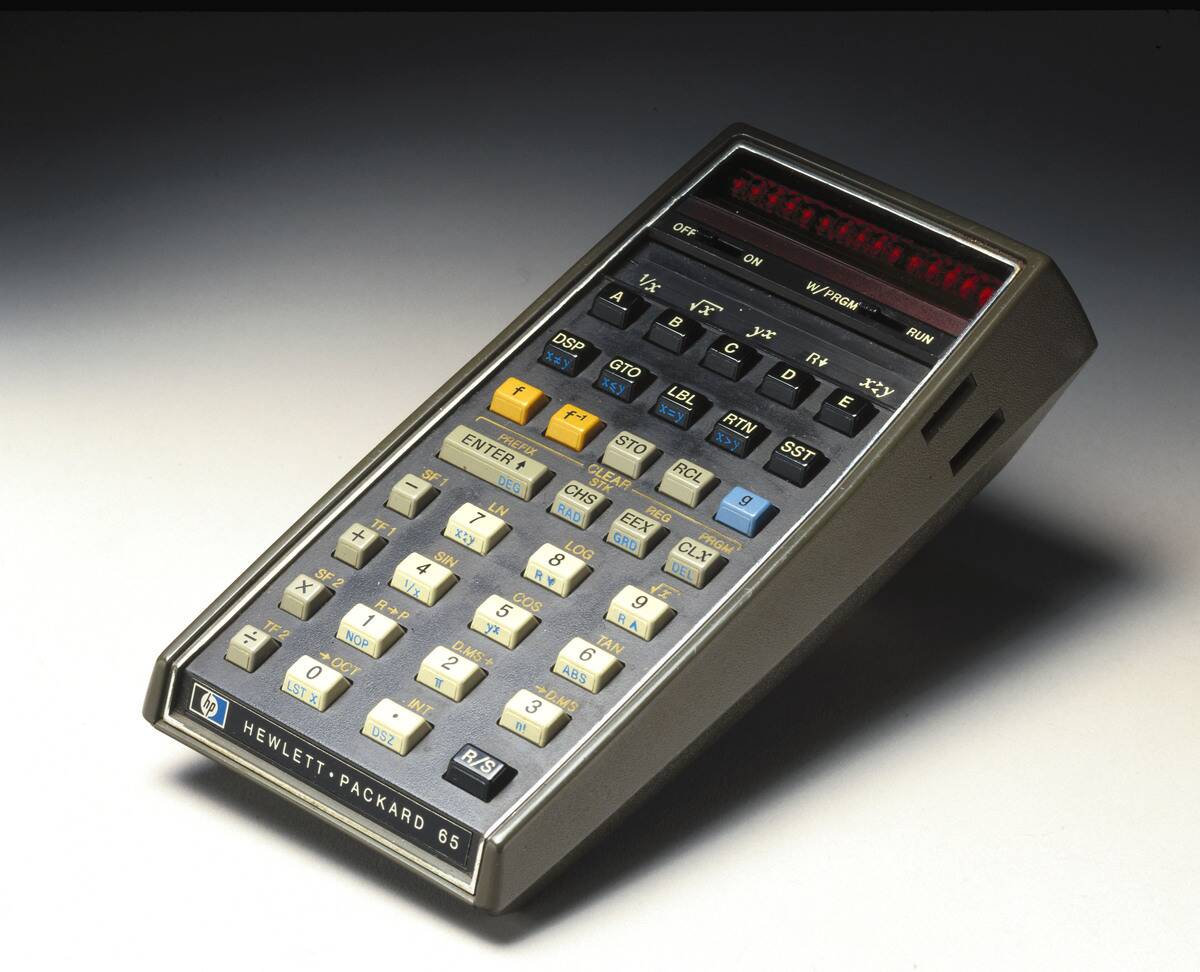 Hewlett Packard HP 65 hand-held electronic calculator, c 1972.