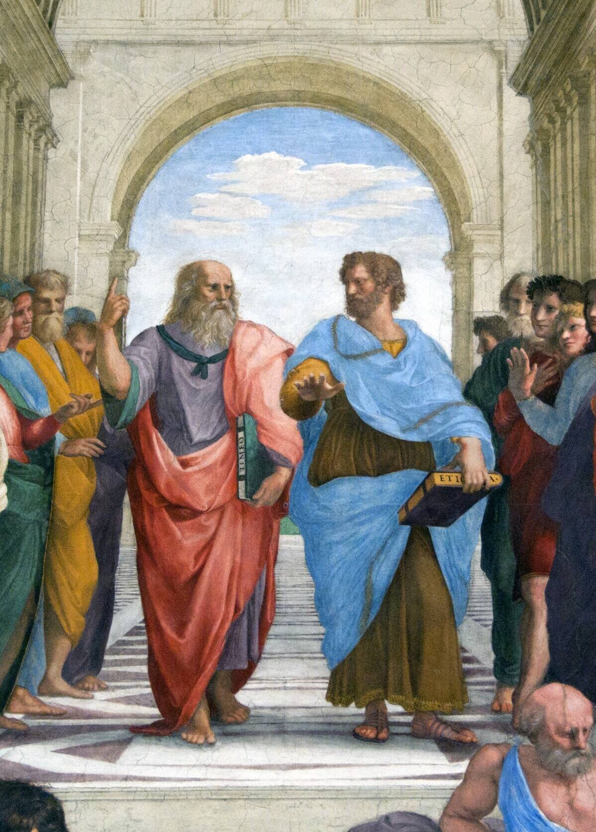 Central detail from 'The School of Athens', featuring Greek philosophers Plato (red robe) and Aristotle (blue robe). Raphael, painted between 1509-1511 (Apostolic Palace, Vatican City).
