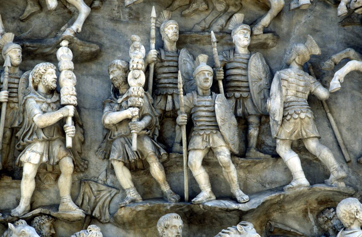 Roman soldiers taking part in decursio, the ritual circling of funeral pyre, c180-196.