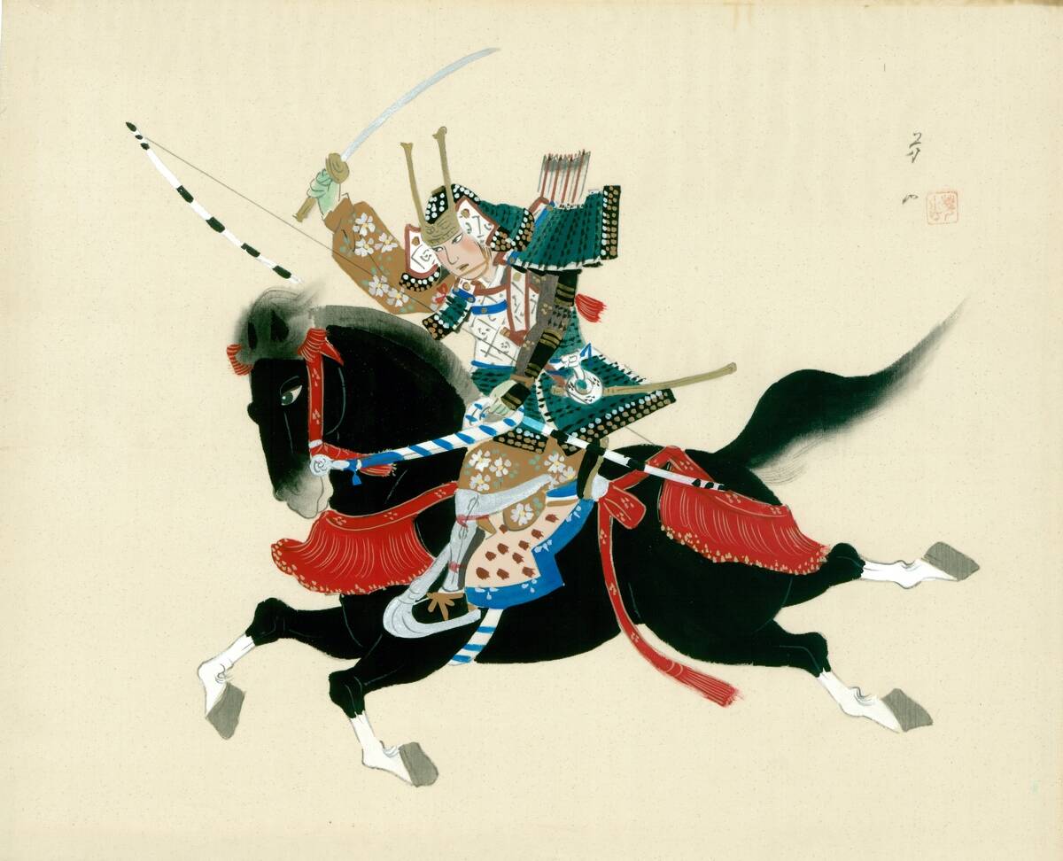 Samurai Warrior riding a horse. A Japanese painting on silk, in a traditional Japanese style.