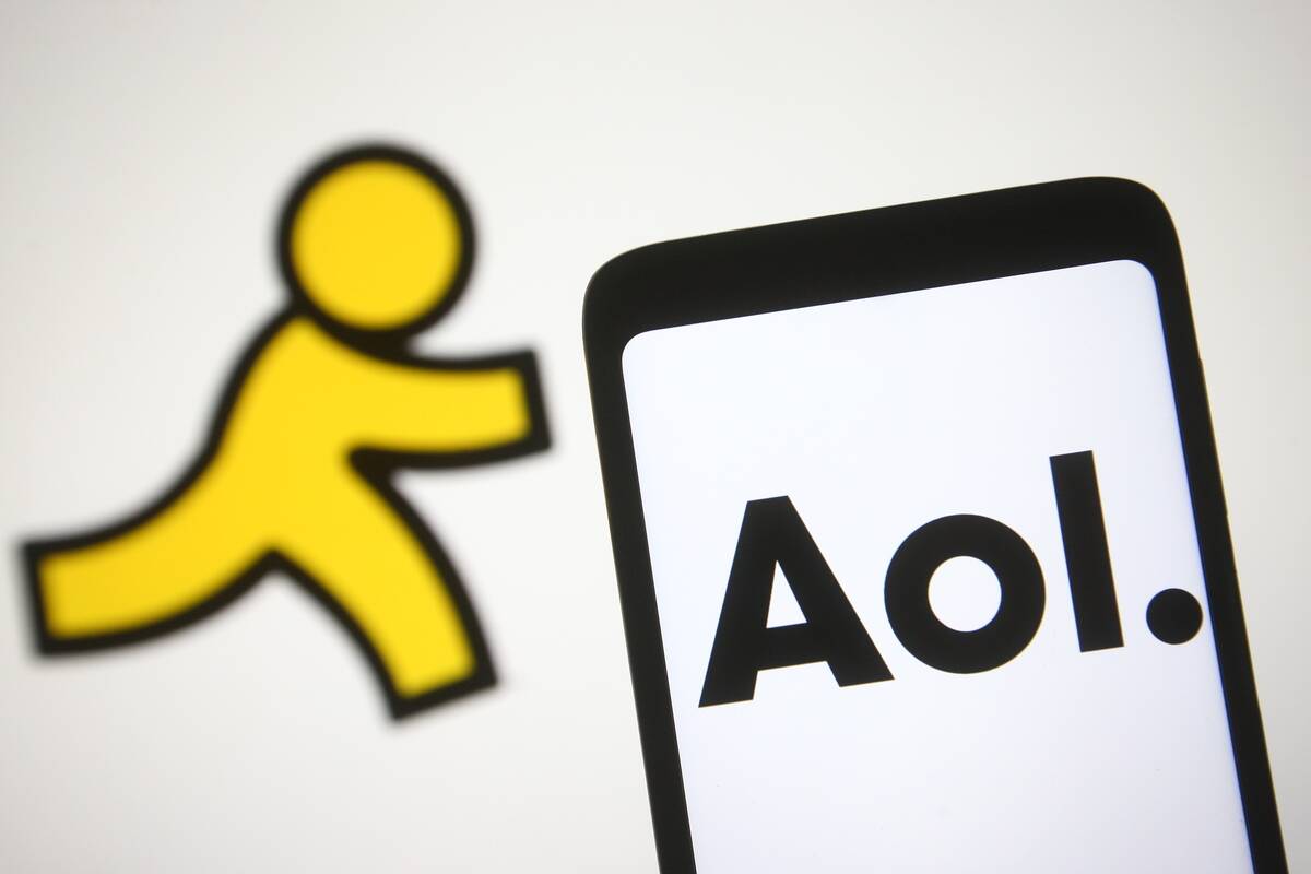 In this photo illustration, AOL logo is seen on a smartphone...