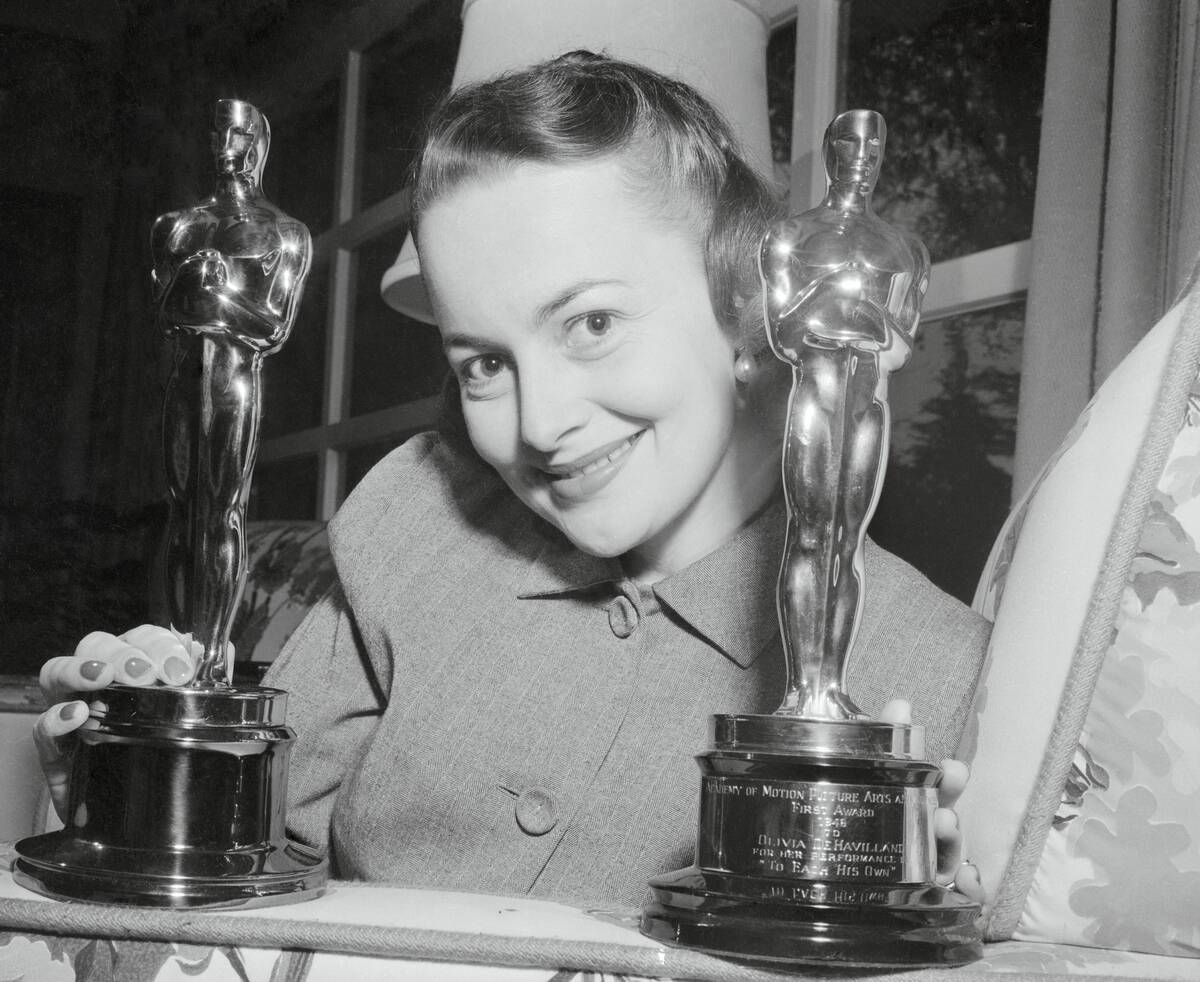 Portrait of Actress Olivia De Haviland her Two Oscars