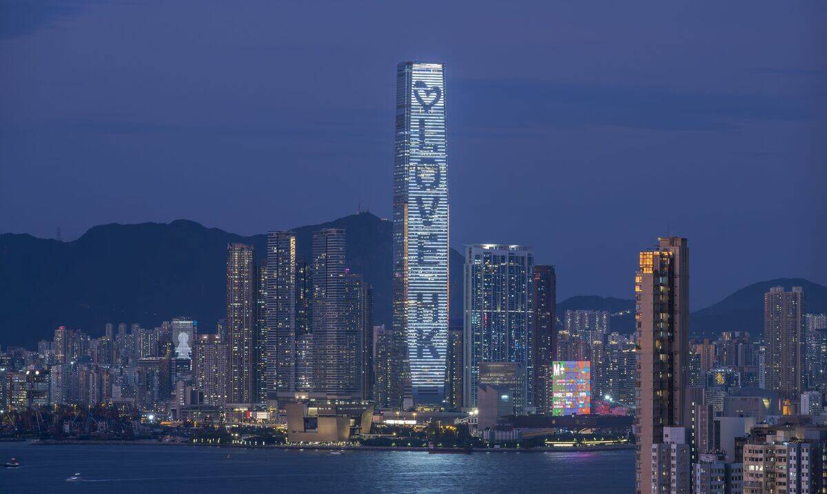 The ICC International Commerce Centre, and Hong Kong's brand new M+ museum of visual culture, Victoria harbor, Hong Kong, China.