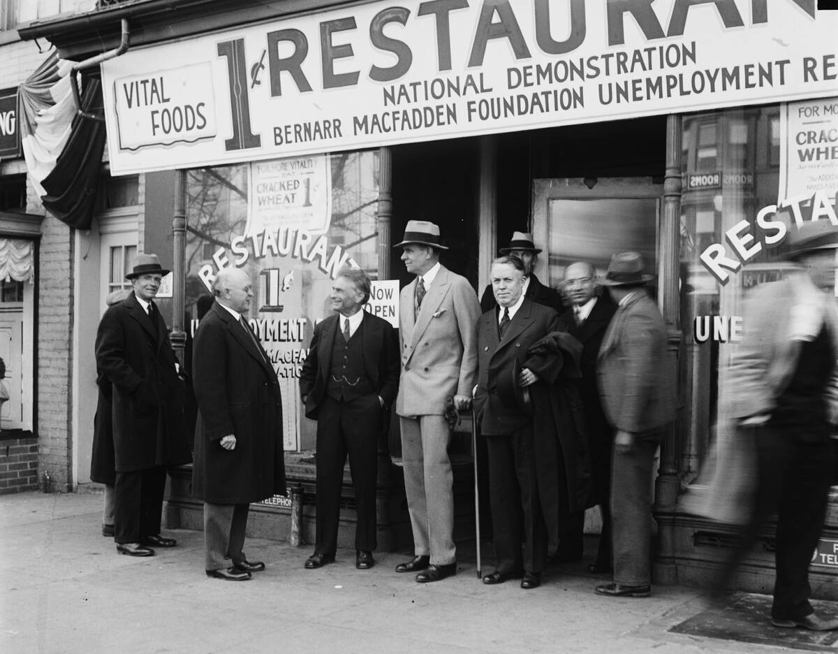 Bernarr MacFadden Outside His One Cent Restaurant