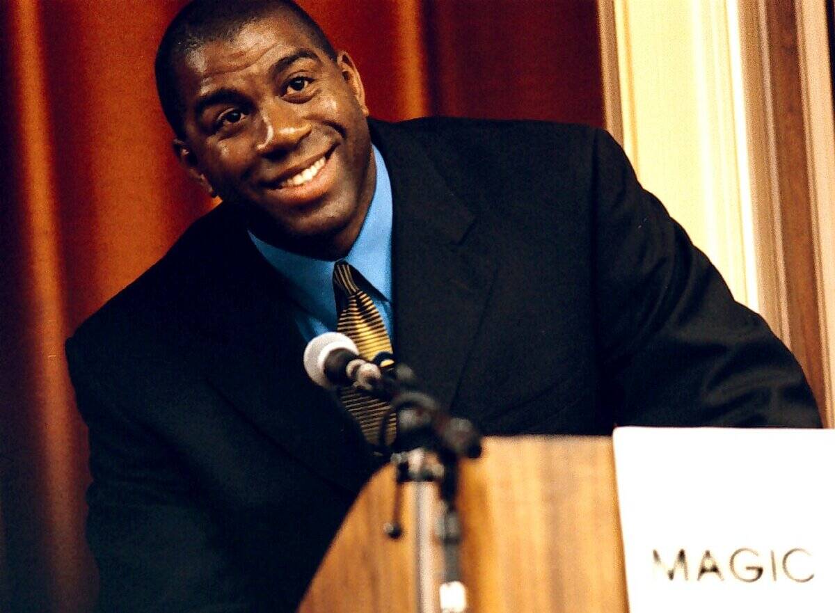 Magic Johnson speaks at Oakland's Manzanita Elementary School Monday afternoon.