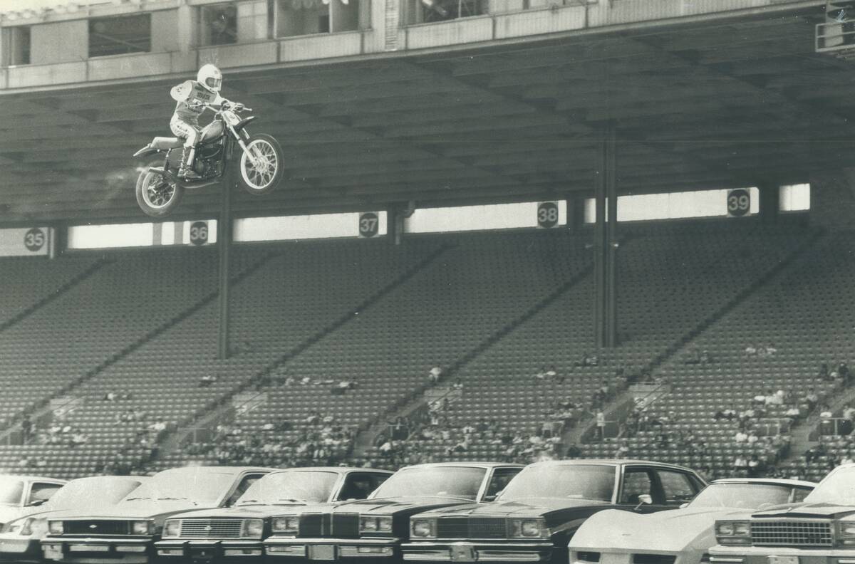 Motorcycle madness Canadian daredevil Karel Soucek flies over a row of 16 cars at Exhibition Stadium