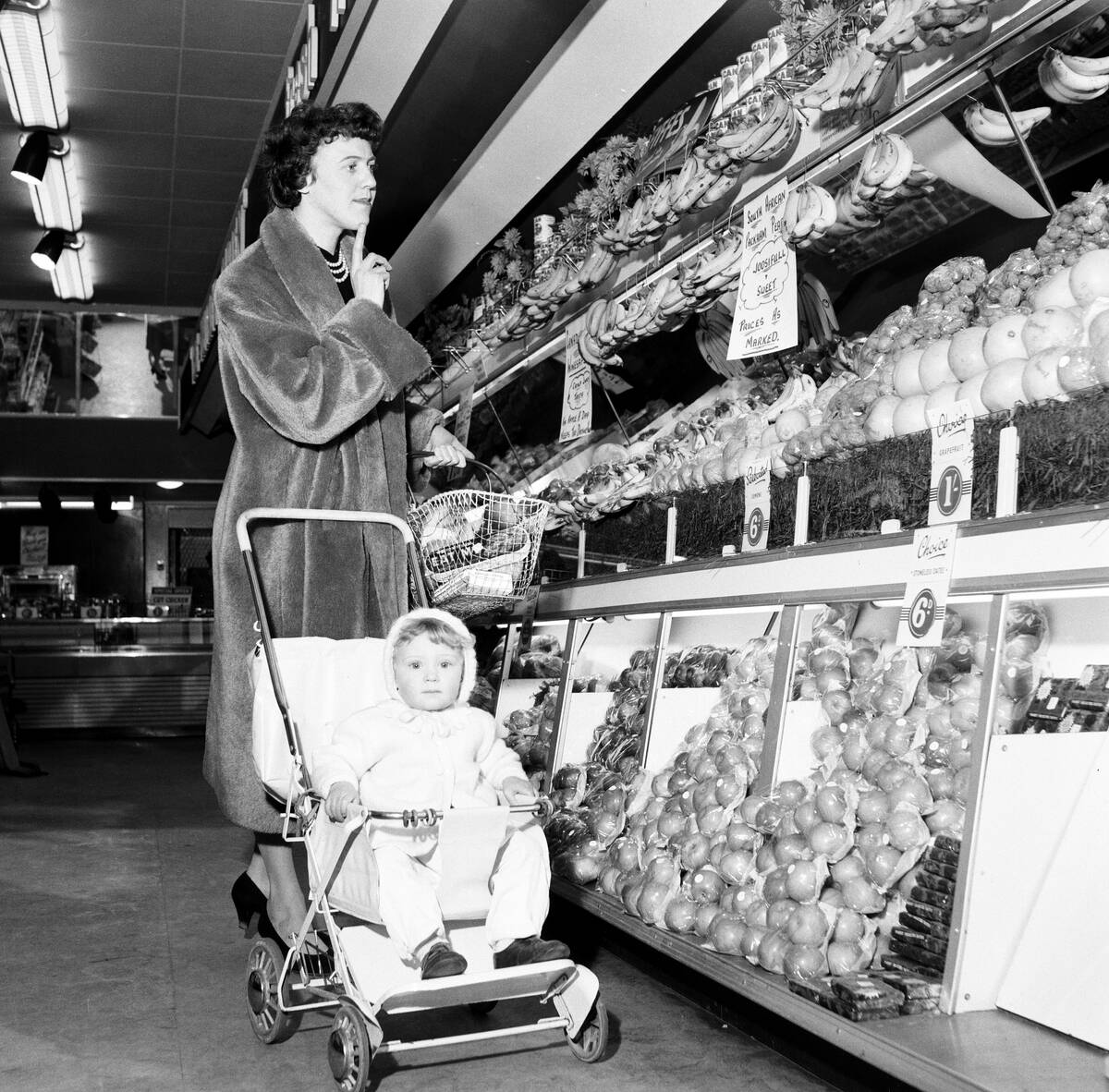 Mrs J Evans in a newly opened supermarket in North Finchley