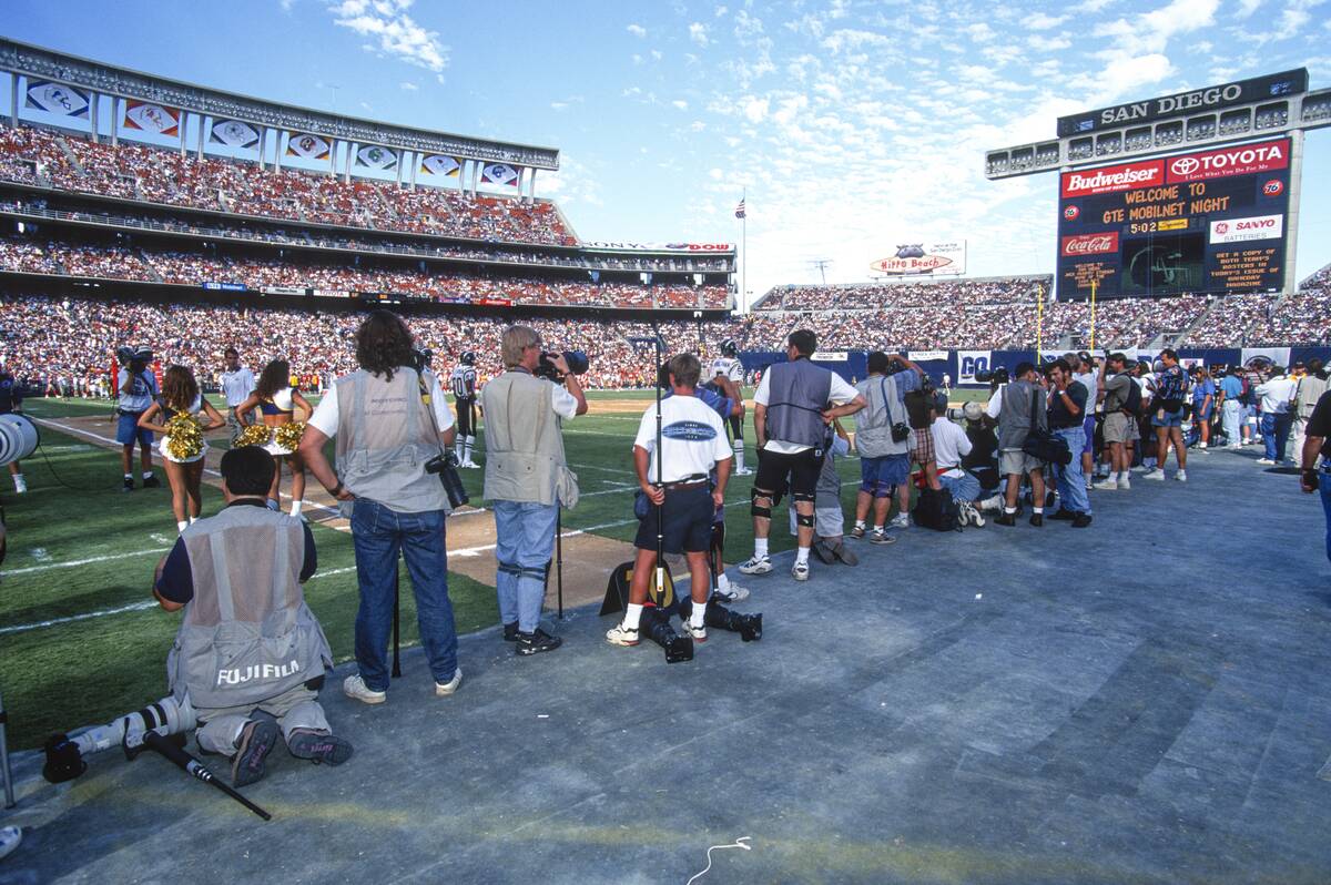 NFL San Francisco 49ers and S.D. Chargers game day media rings the sidelines preparing for the start of the game