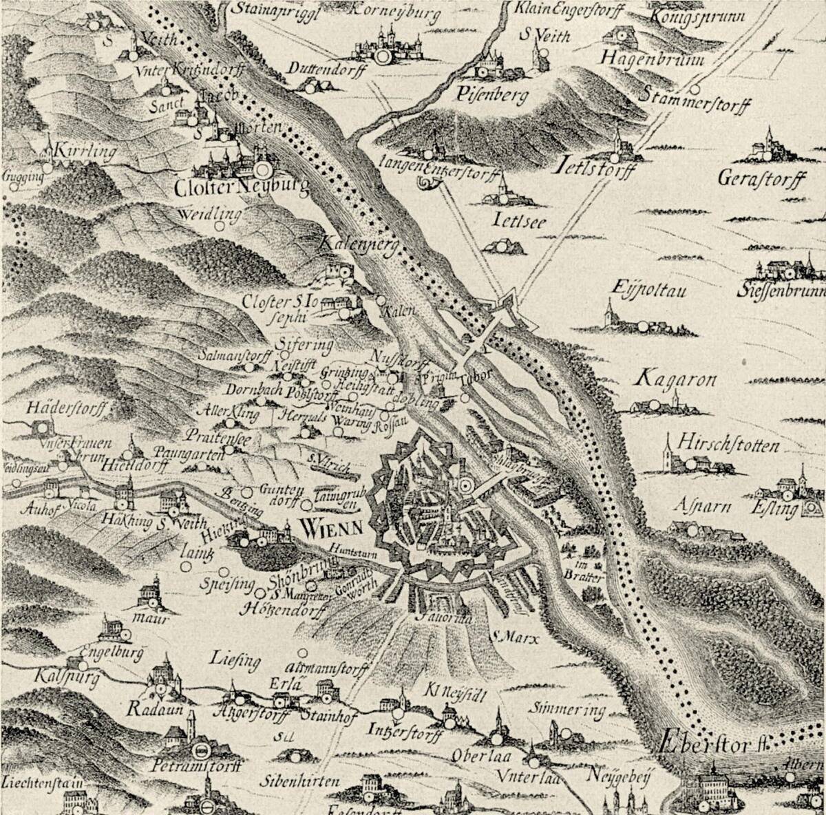 The royal seat Vienna and its environment with the south view on the Schoenbrunn Palace, Map after Georg Matthaeus Vischer, 1670