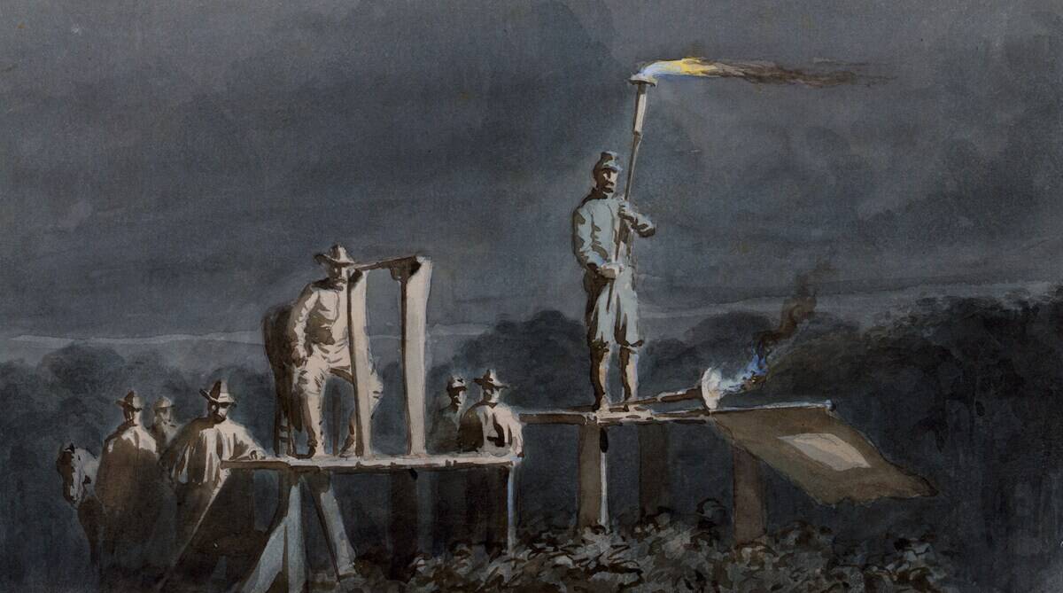 Night signalling by torches across the James River.