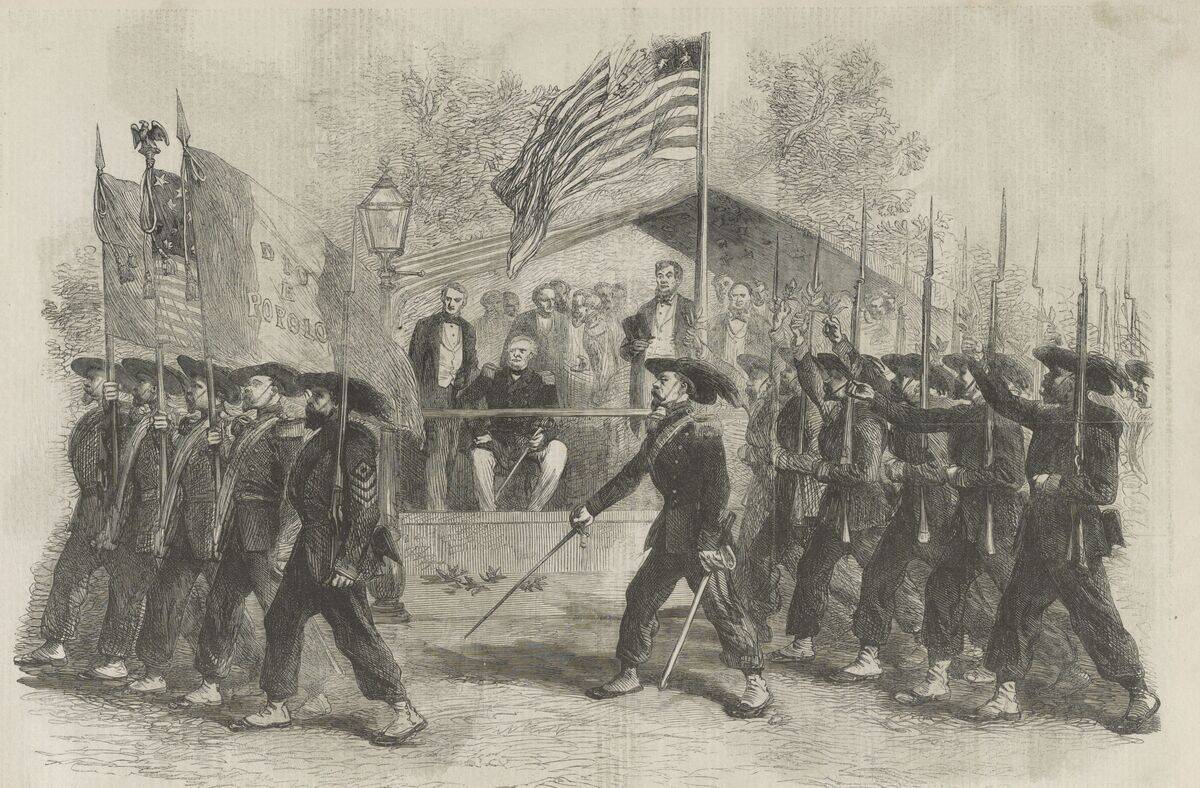Review of Federal troops on the 4th of July by President Lincoln and General Scott; the Garibaldi Guard filing past
