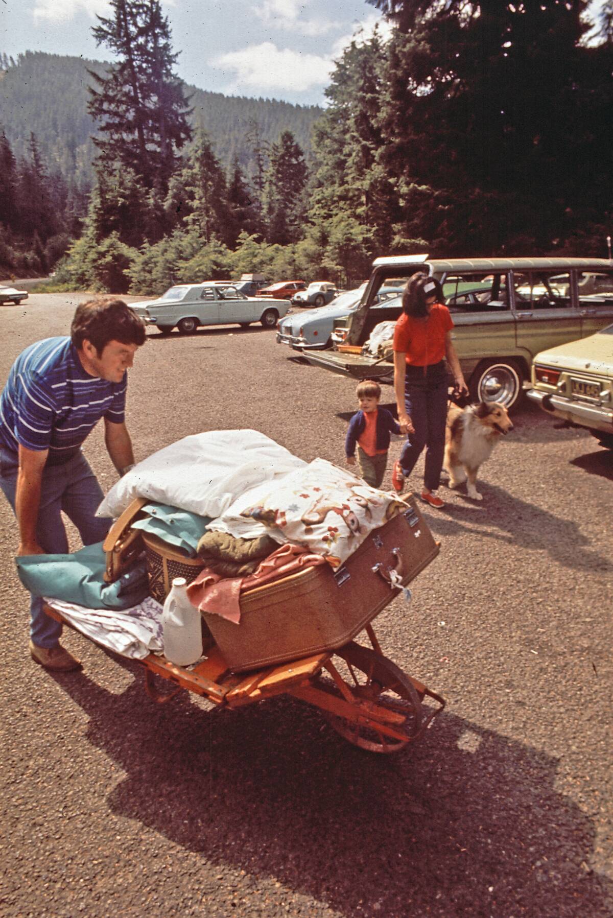 1970s United States: Family heads for campground at Oswald West in California ca. 1972