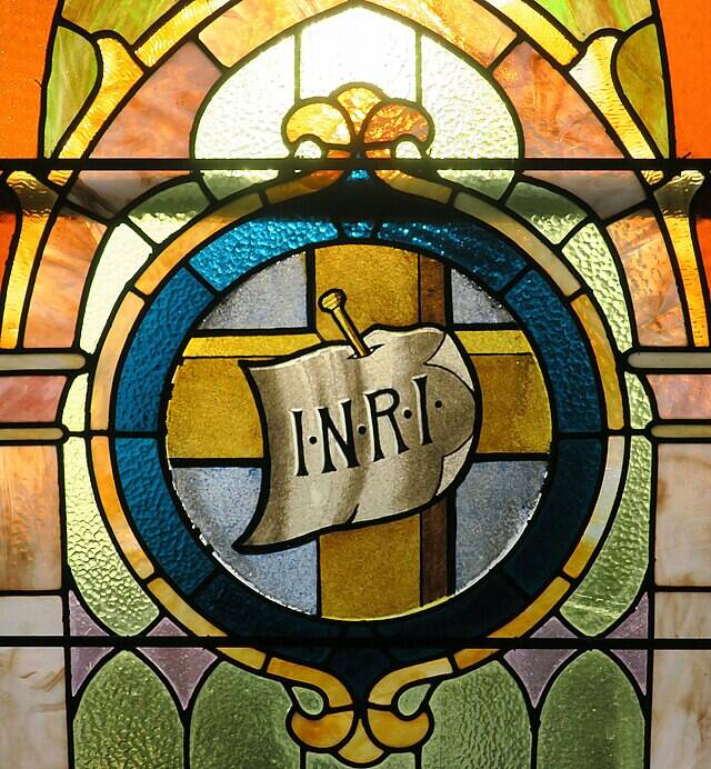 Immaculate_Conception_Church_(North_Lewisburg,_Ohio)_ stained-glass,_INRI
