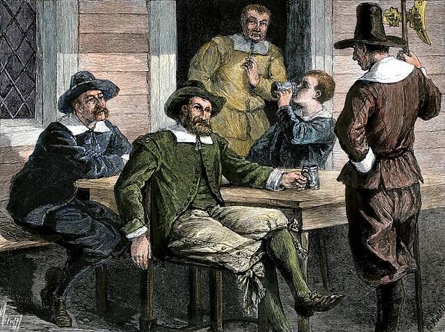 Puritans-drinking-from-pewter-mugs-in-colonial-massachusetts