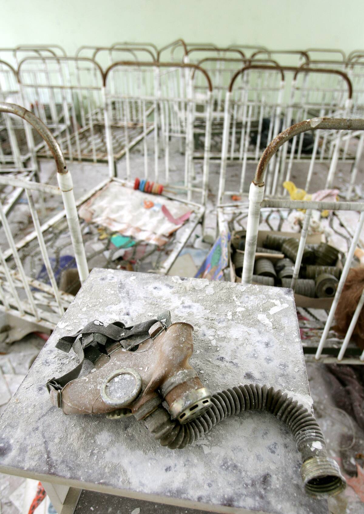 A gas-mask lays in bedroom of kindergart