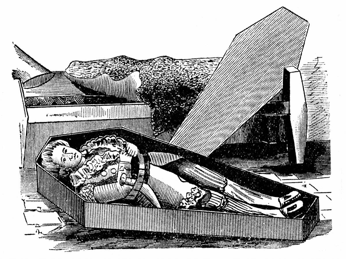 Daniel Boone (1735-1820) American pioneer and Indian fighter. Woodcut purporting to show him trying out his coffin for size.