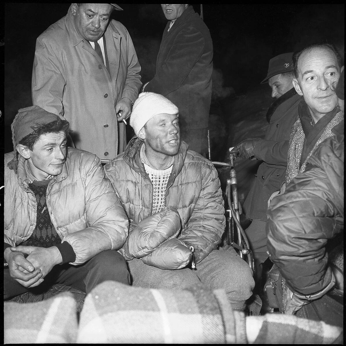First ascent of the Matterhorn North Face in winter, 1962: Hilti von Allmen (with frostbites on hands) and Paul Etter
