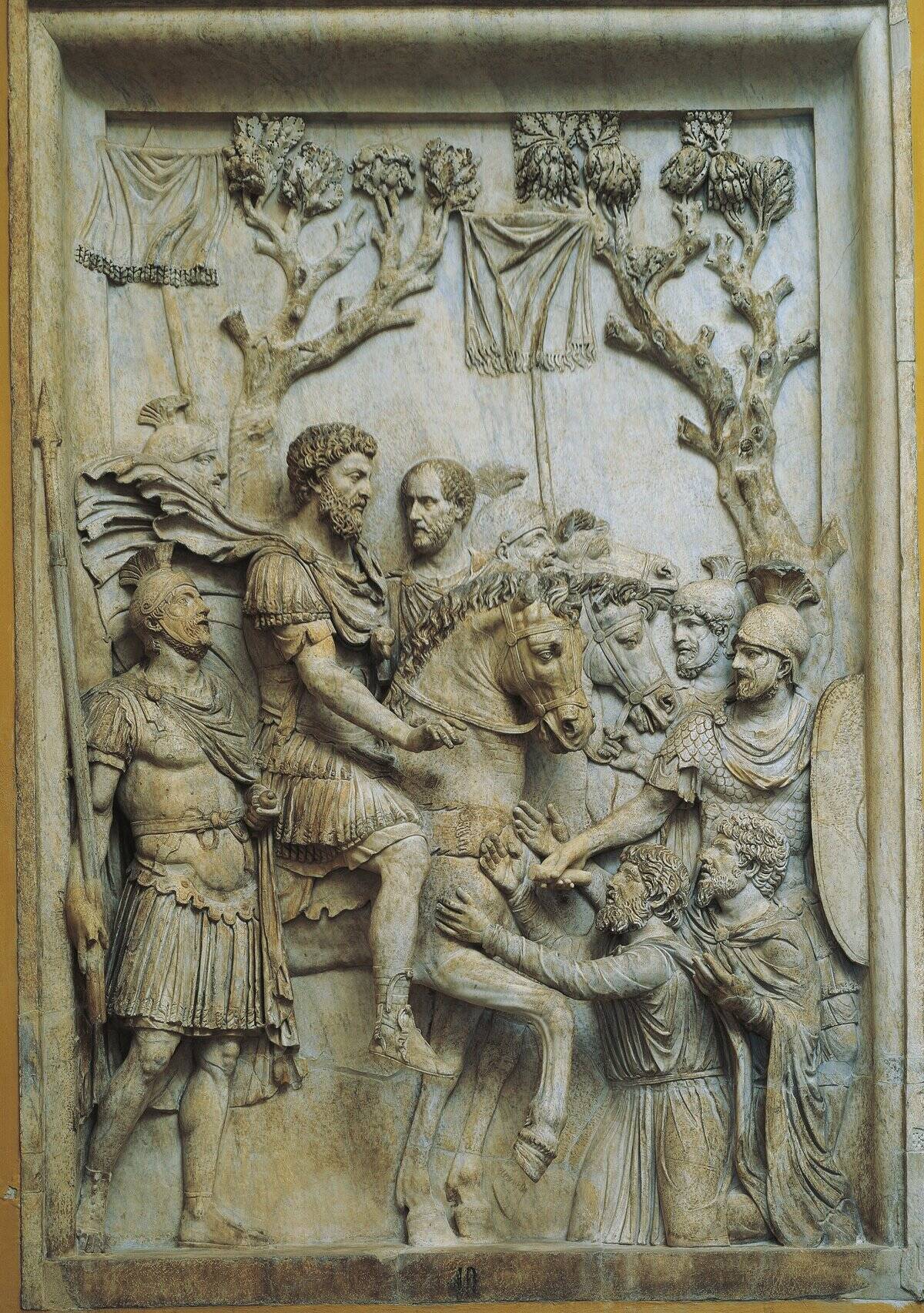 Five Good Emperors, Relief representing the Emperor Marcus Aurelius (Marcus Annius Verus, 121 - 180 A.D.) pardons the defeated enemies, imperial age