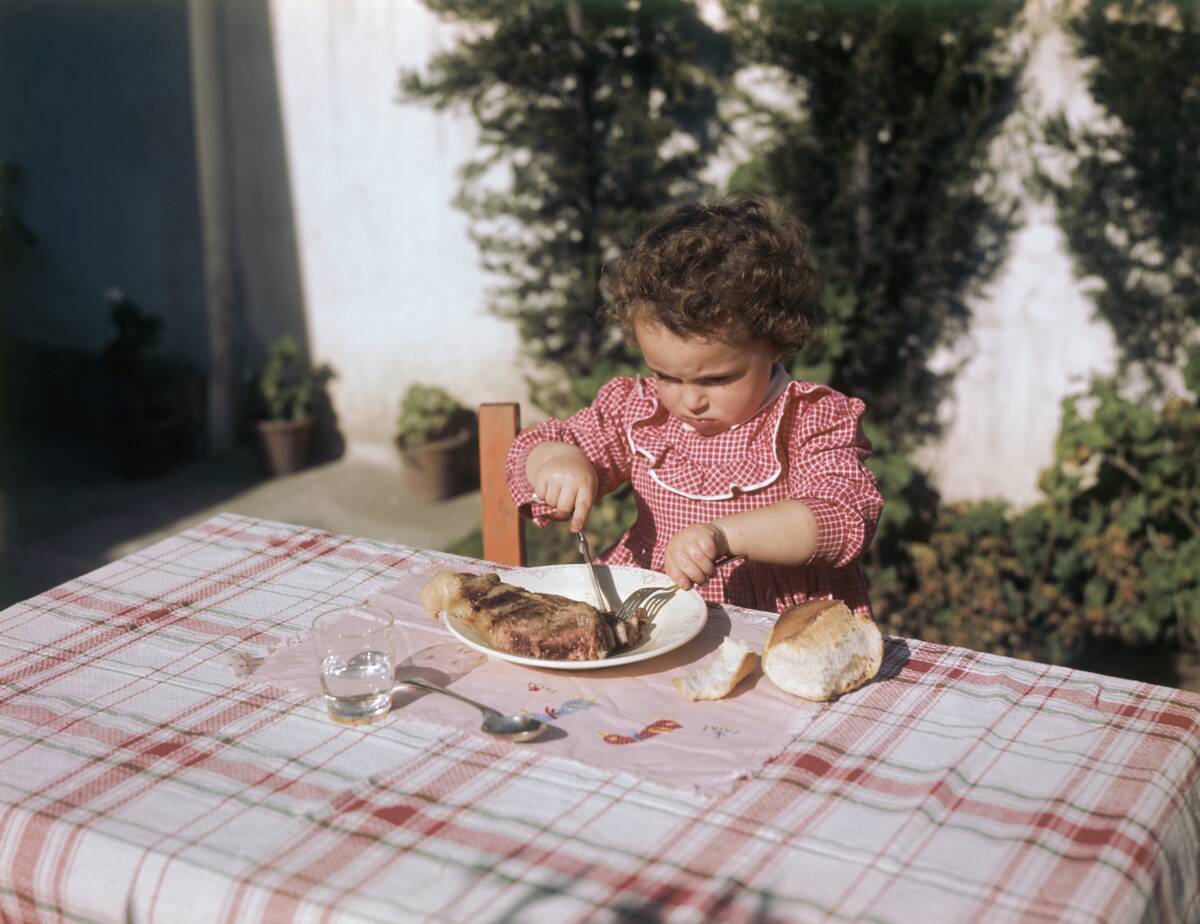 Little Girl Eating Big Steak