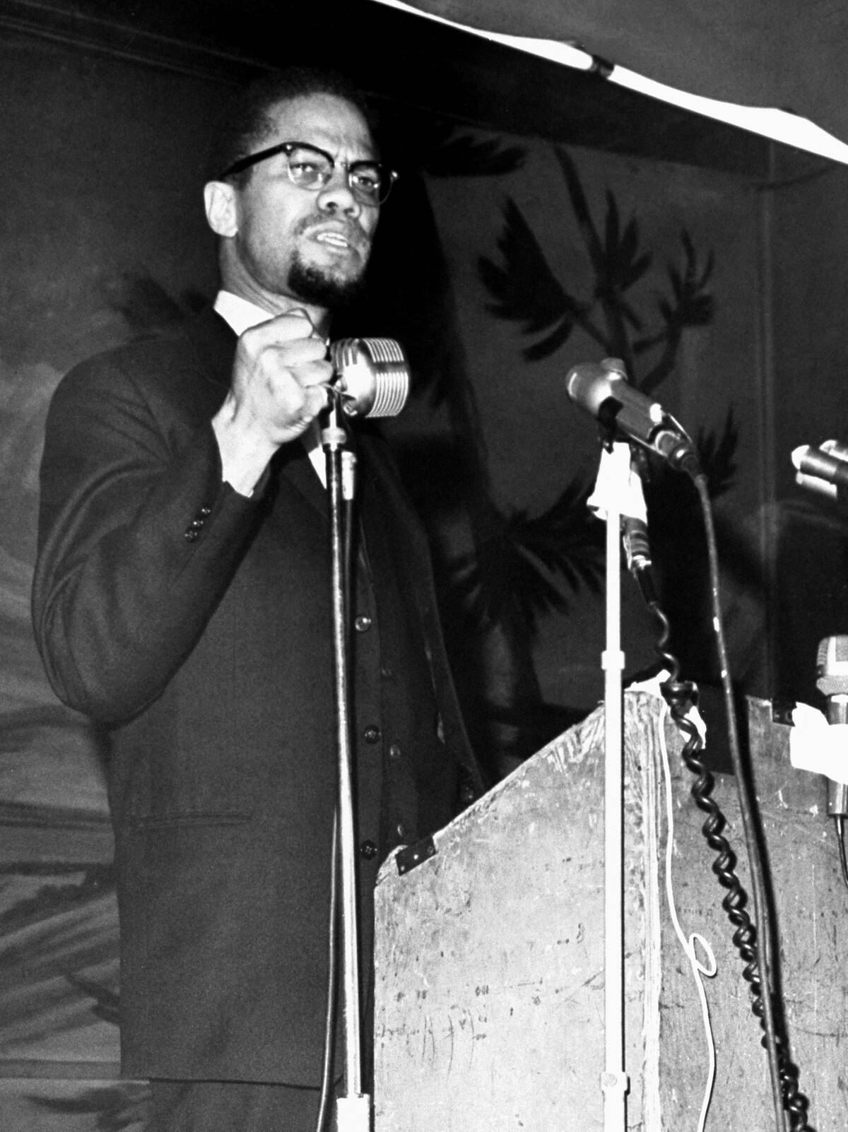 Malcolm X speaks at the Audubon Ballroom in Harlem on Feb. 1