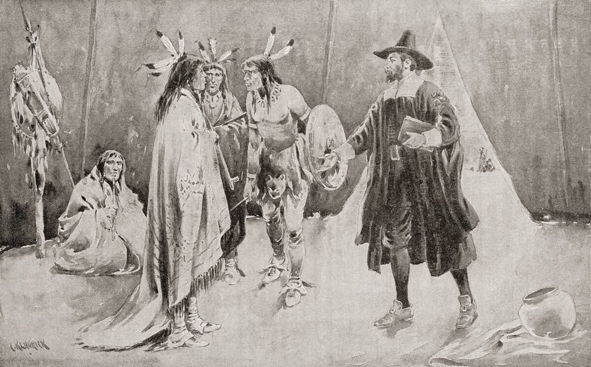 Roger Williams acquiring land on which to establish the Providence Settlement, Rhode Island, from the Native American Chief, Canonicus in 1636