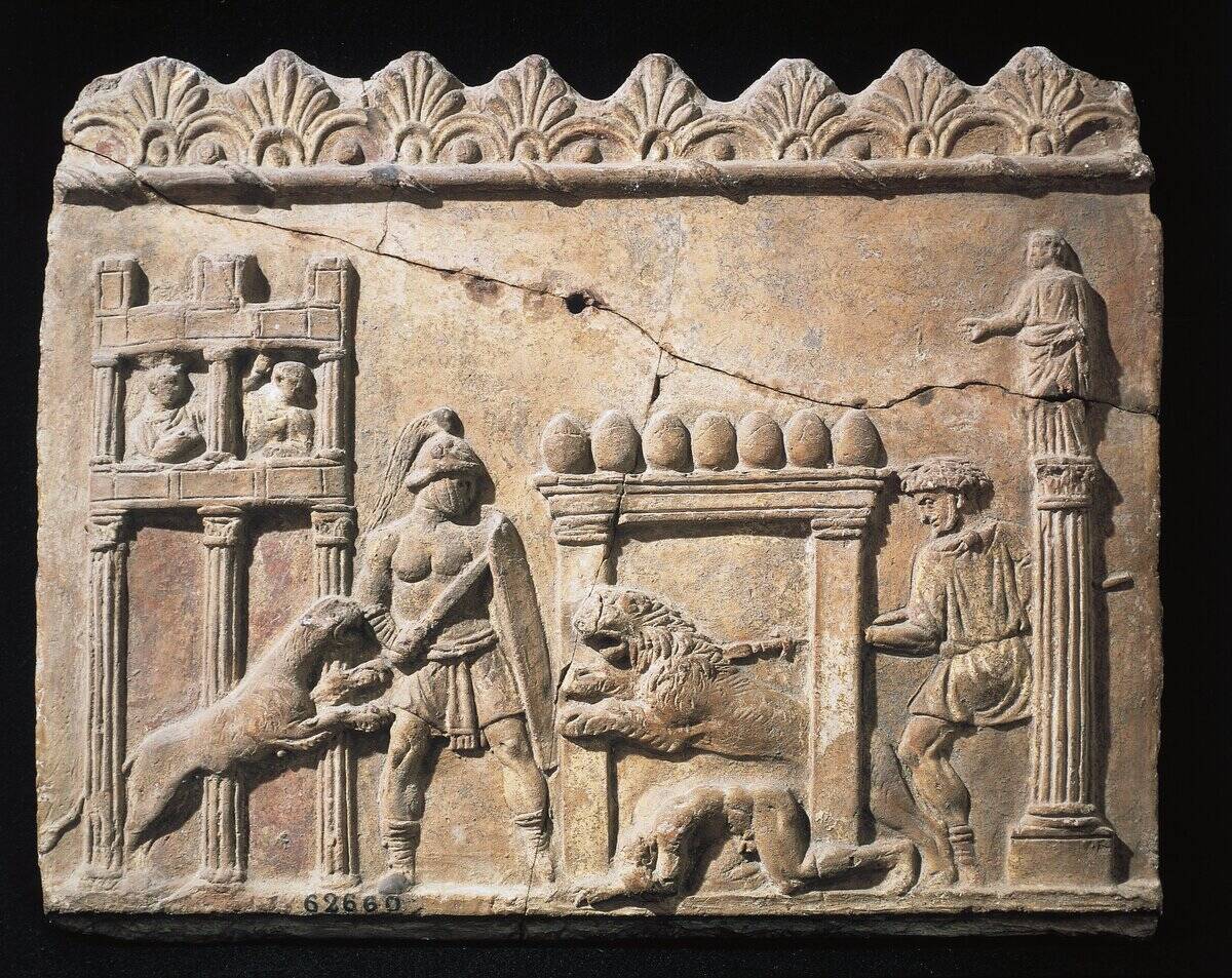 Roman civilization, Relief portraying gladiators and lions fighting in circus