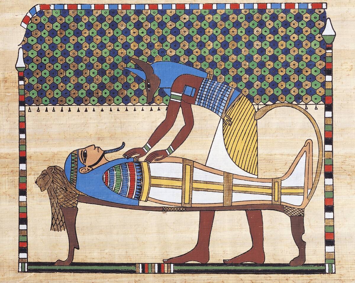 Scene of embalming, papyrus, reconstruction of a fresco from the Theban tomb of Sennedjem, original dating from the Dynasty XIX. Egyptian civilisation.