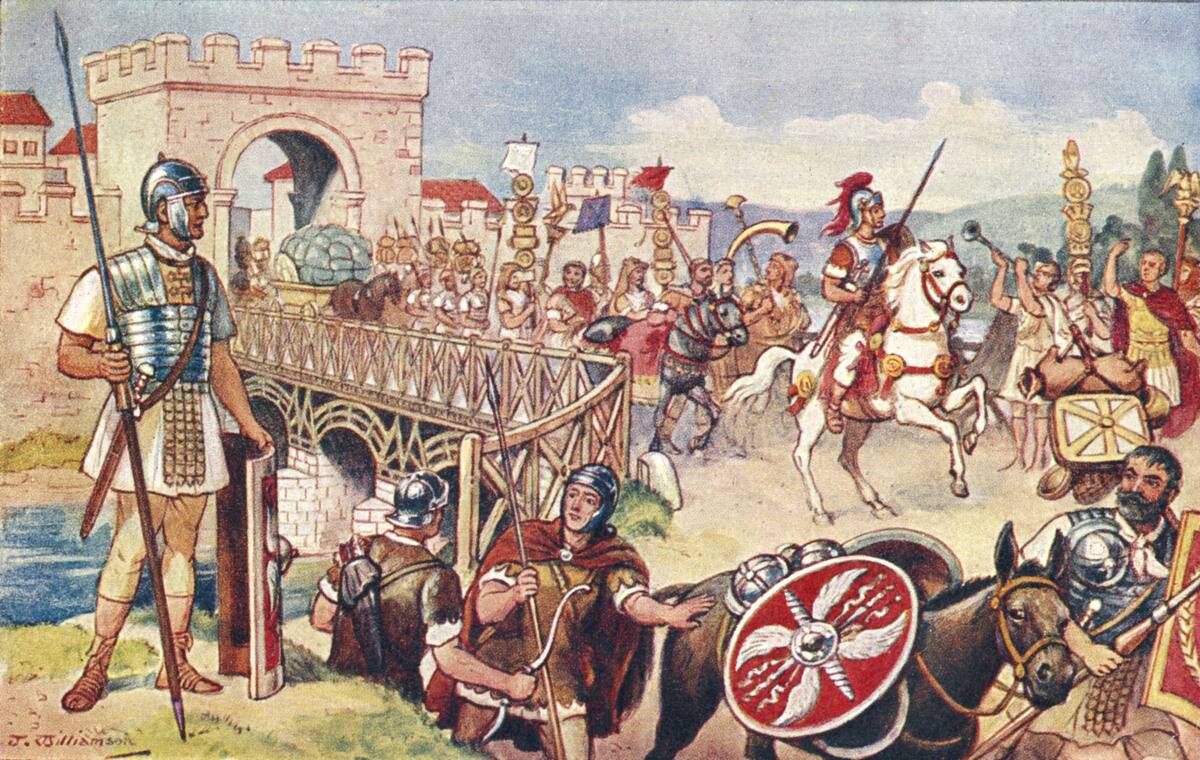 The Roman Empire - a column of soldiers advancing over a bridge.